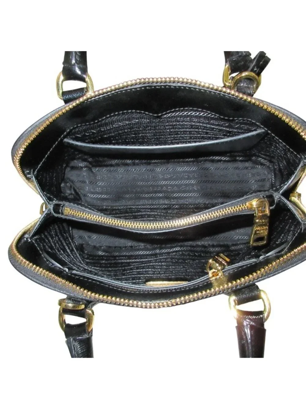 Prada Triangle Logo Leather Saffiano Vernis Clock 2-Way Shoulder Bag Black
